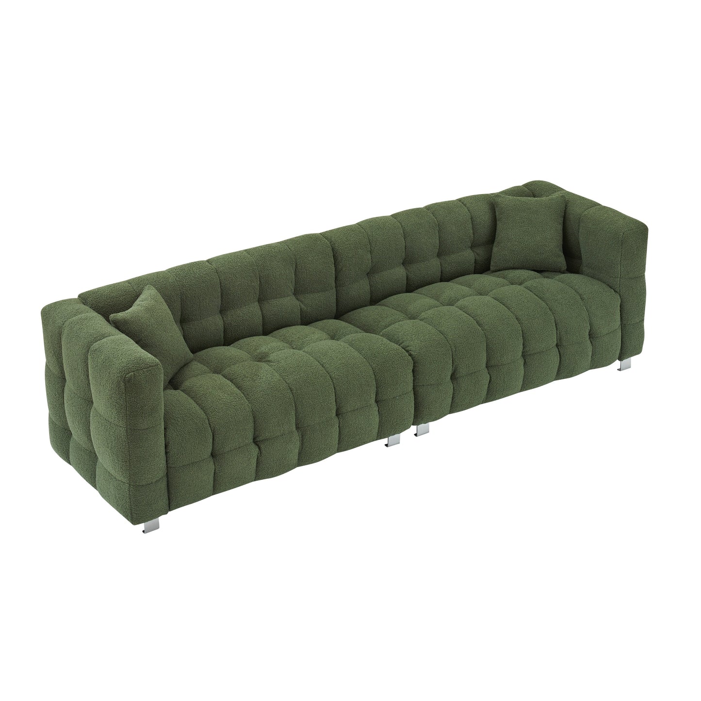 Divano a 4 posti in pile Teddy verde da 102'' con 2 cuscini decorativi e robuste gambe in metallo, adatto per soggiorno o camera da letto