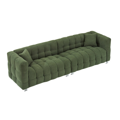 Divano a 4 posti in pile Teddy verde da 102'' con 2 cuscini decorativi e robuste gambe in metallo, adatto per soggiorno o camera da letto
