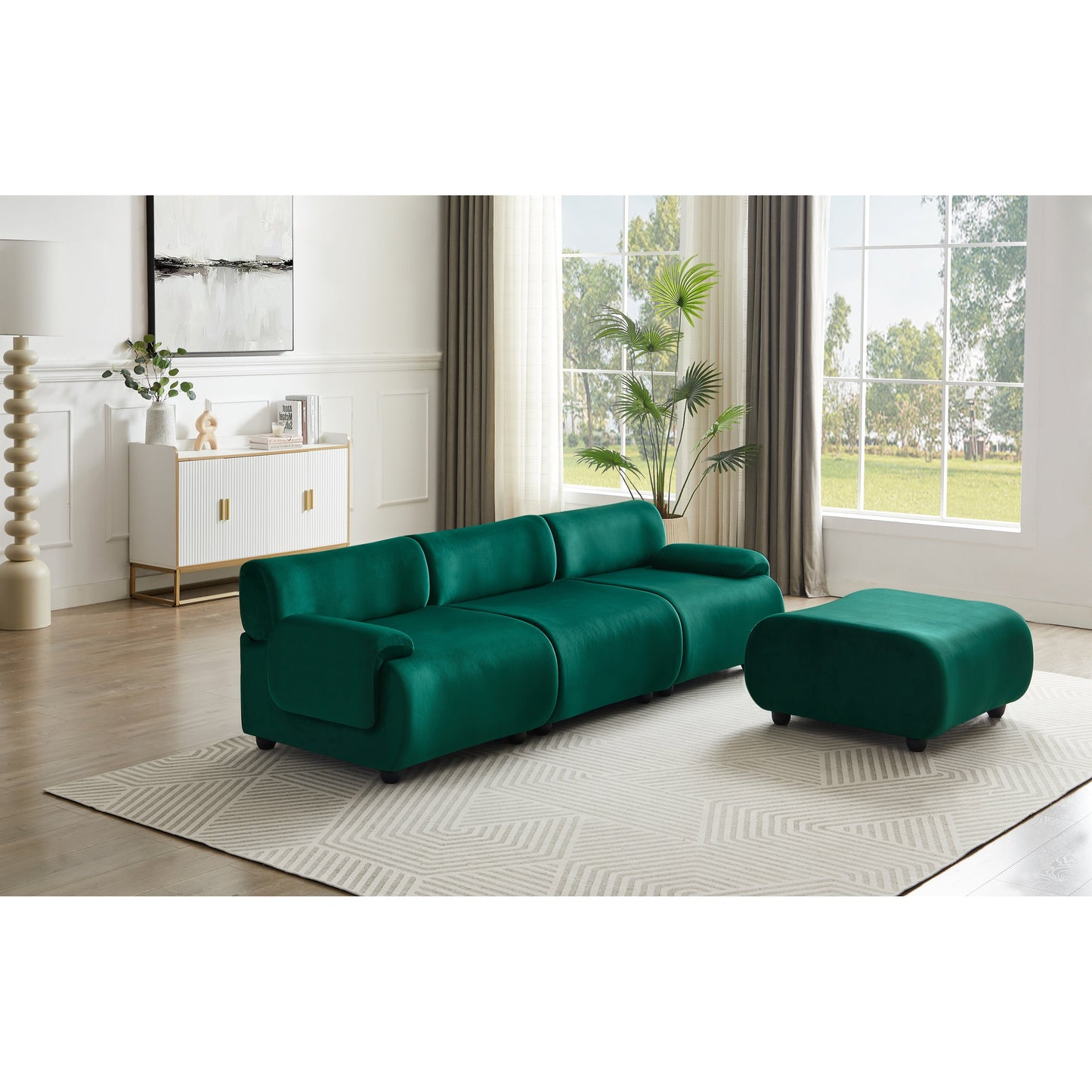 Divano componibile modulare Green 105 a 3 posti, con pouf mobile, seduta profonda, struttura in legno massello