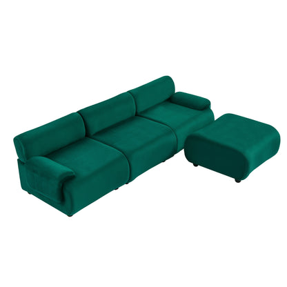 Divano componibile modulare Green 105 a 3 posti, con pouf mobile, seduta profonda, struttura in legno massello