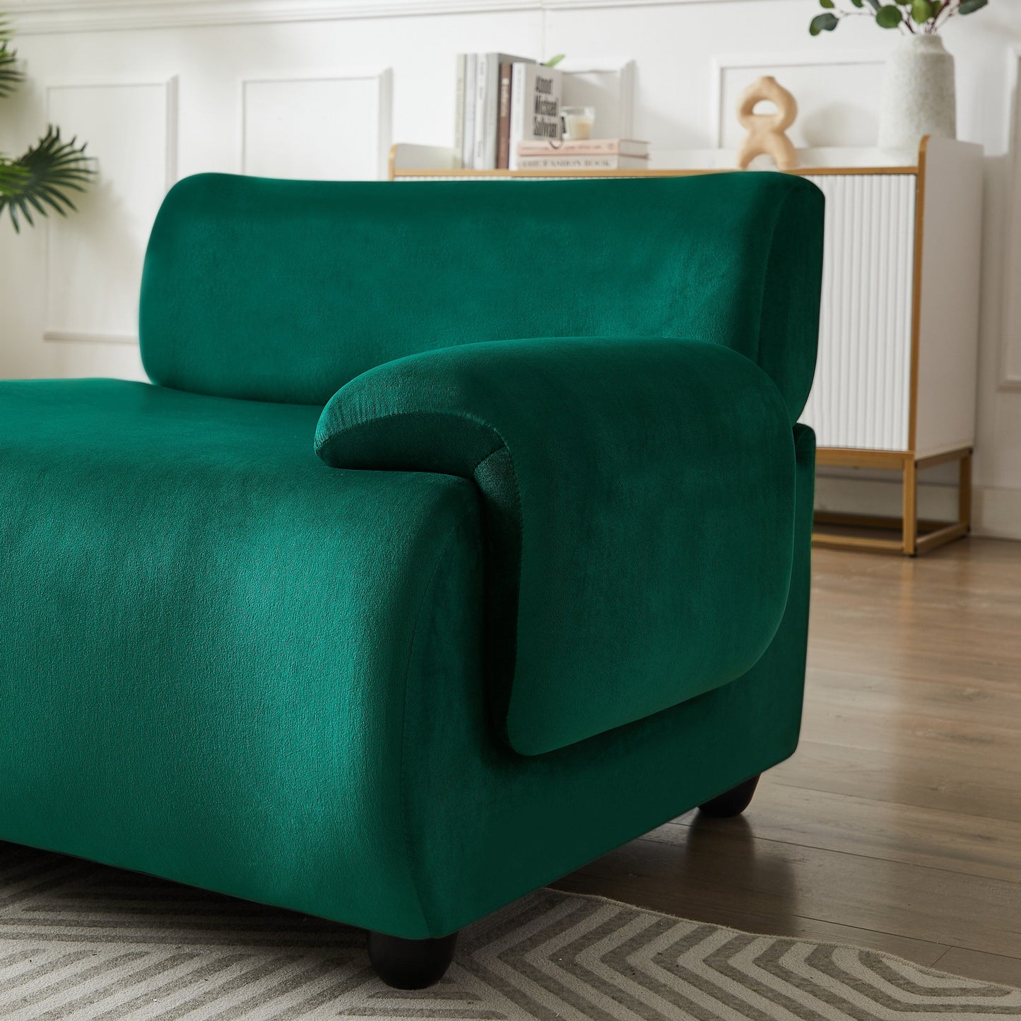 Divano componibile modulare Green 105 a 3 posti, con pouf mobile, seduta profonda, struttura in legno massello