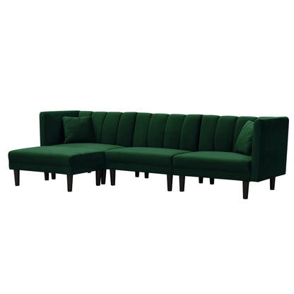 Divano componibile in velluto verde da 106,7'' a 3 posti con divano letto, chaise longue reversibile, schienale regolabile e cuscini