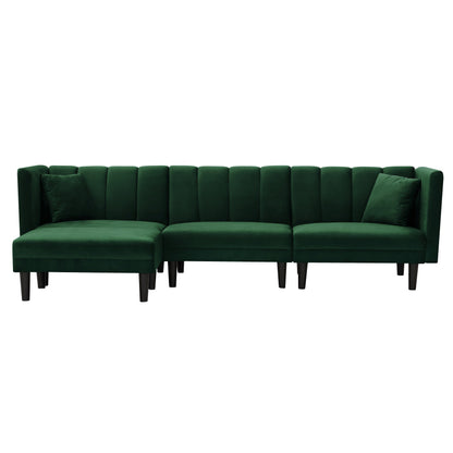 Divano componibile reversibile in velluto verde da 106,7'' con chaise longue, schienale regolabile e divano letto trasformabile, include 2 cuscini