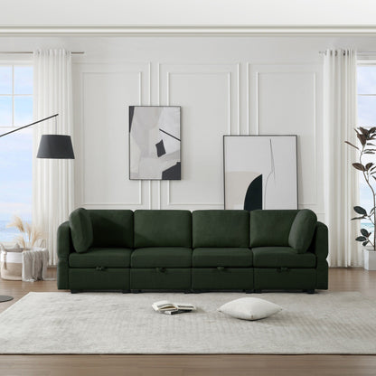 Divano componibile modulare a 4 posti in poliestere verde da 113,8'' con contenitore, braccioli e schienali regolabili e personalizzabili