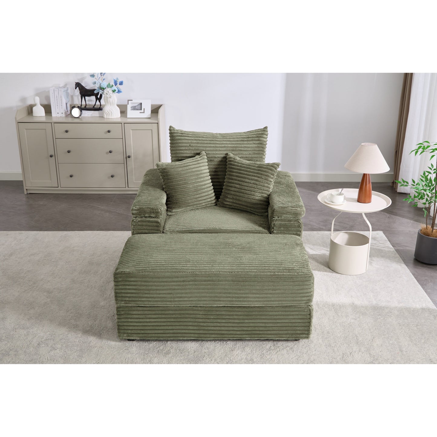 Divano singolo in velluto a coste verde 42.52 con seduta profonda, pouf rimovibile, bracciolo contenitore e 2 cuscini decorativi
