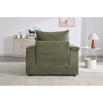 Divano singolo in velluto a coste verde 42.52 con seduta profonda, pouf rimovibile, bracciolo contenitore e 2 cuscini decorativi