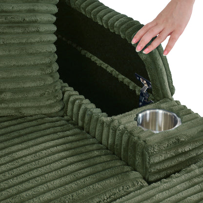 Divano singolo in velluto a coste verde 42.52 con seduta profonda, pouf rimovibile, bracciolo contenitore e 2 cuscini decorativi