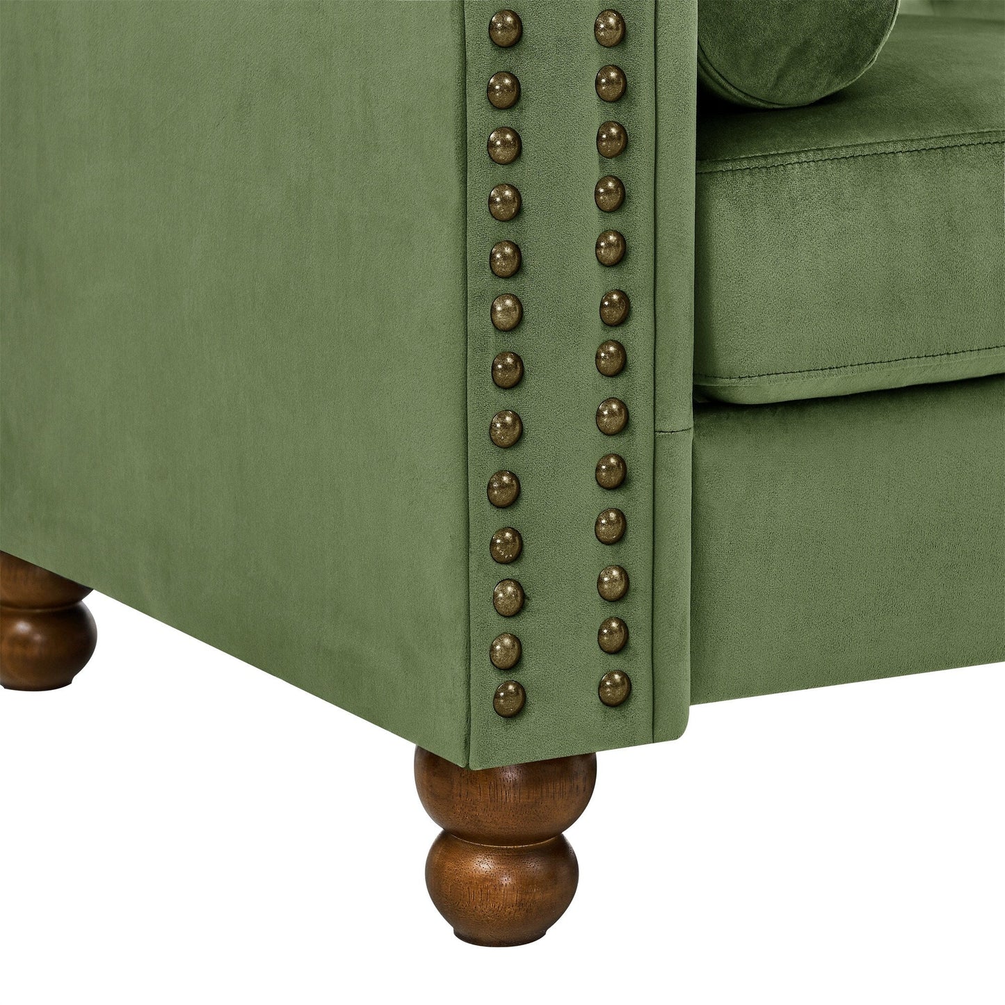 Divano a due posti in velluto verde da 55'' con design capitonné, schienale con bottoni, braccioli a volute e gambe tornite
