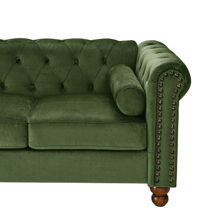 Divano a due posti in velluto verde da 55'' con design capitonné, schienale con bottoni, braccioli a volute e gambe tornite
