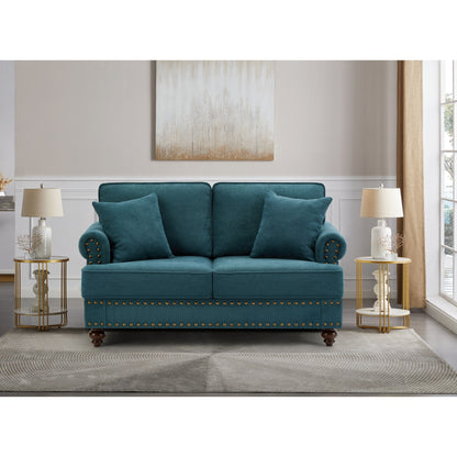 Divano moderno in ciniglia verde 60 a 3 posti con gambe marroni, 2 cuscini e cuscini posteriori rimovibili