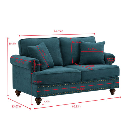 Divano moderno in ciniglia verde 60 a 3 posti con gambe marroni, 2 cuscini e cuscini posteriori rimovibili