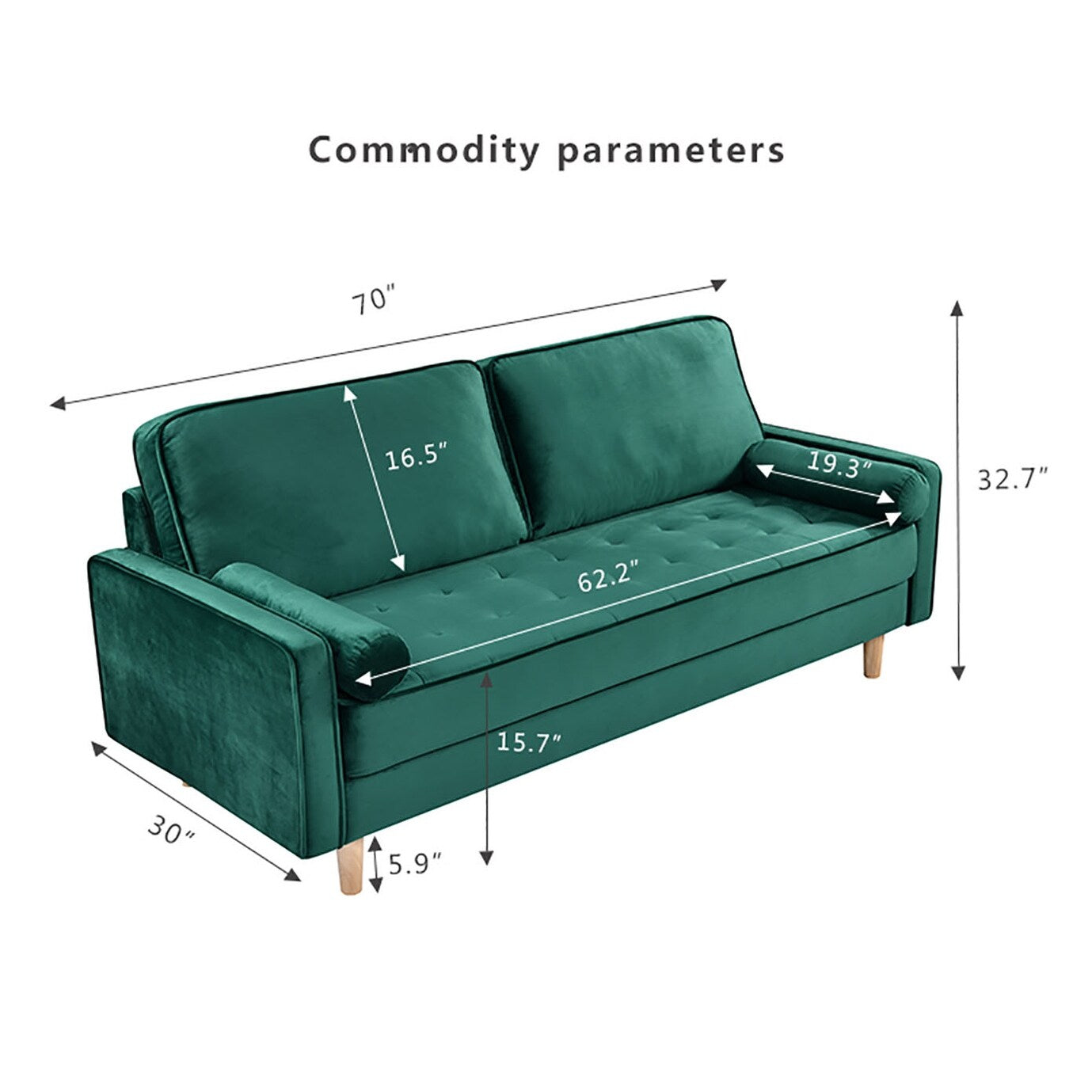 Divano verde 70 a 3 posti con cuscino di imbottitura in cotone elastico e per bambole di alta qualità per soggiorno