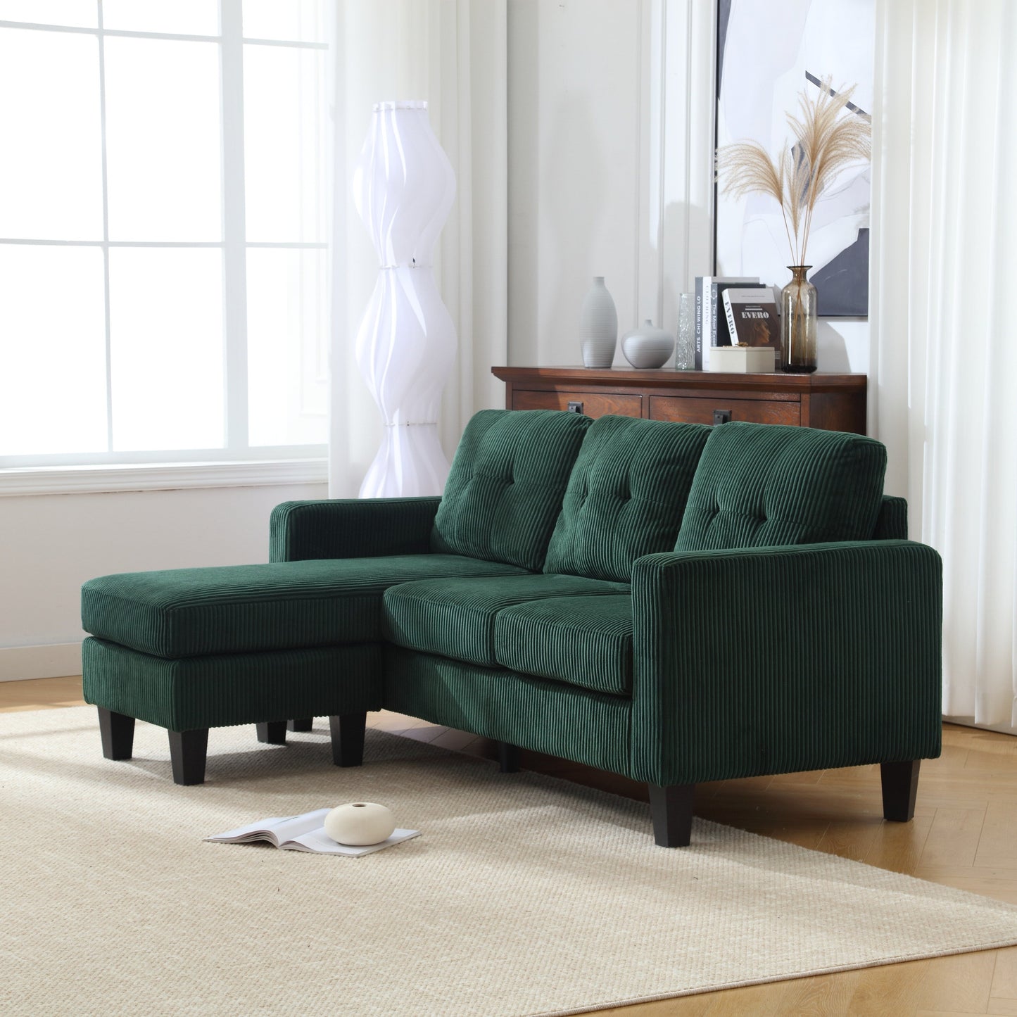 Divano a L in velluto verde da 73,62'' con tessuto adatto agli animali domestici, chaise longue reversibile e facile da montare
