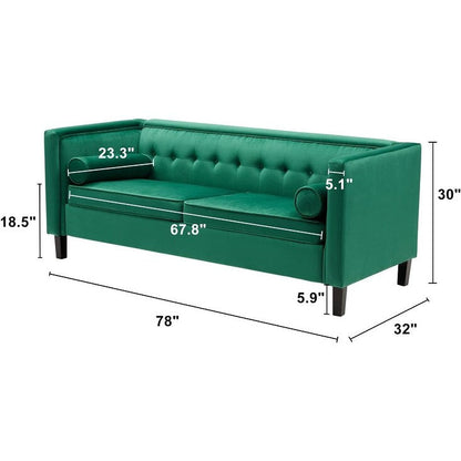 Divano a 3 posti in velluto verde da 78'' con cuscini di supporto, gambe in legno e montaggio senza attrezzi per una facile installazione