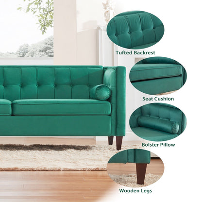 Divano a 3 posti in velluto verde da 78'' con cuscini di supporto, gambe in legno e montaggio senza attrezzi per una facile installazione
