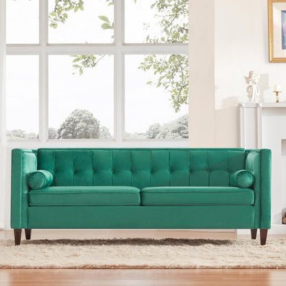 Divano a 3 posti in velluto verde da 78'' con trapuntatura a bottoni, cuscini di supporto, gambe in legno e design di facile montaggio