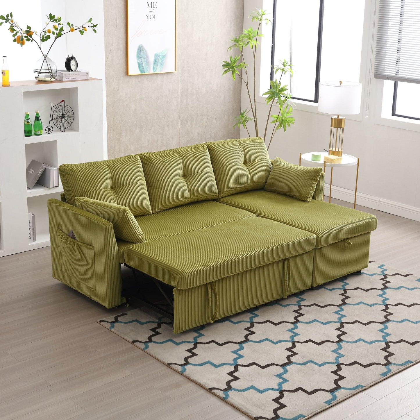 Divano a L in tessuto Green 81.1 con chaise longue reversibile, contenitore e struttura in legno massello