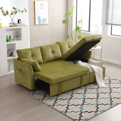 Divano a 3 posti a forma di L in velluto a coste verde da 81,1'', con chaise longue reversibile, sedili contenitore, struttura in legno massello