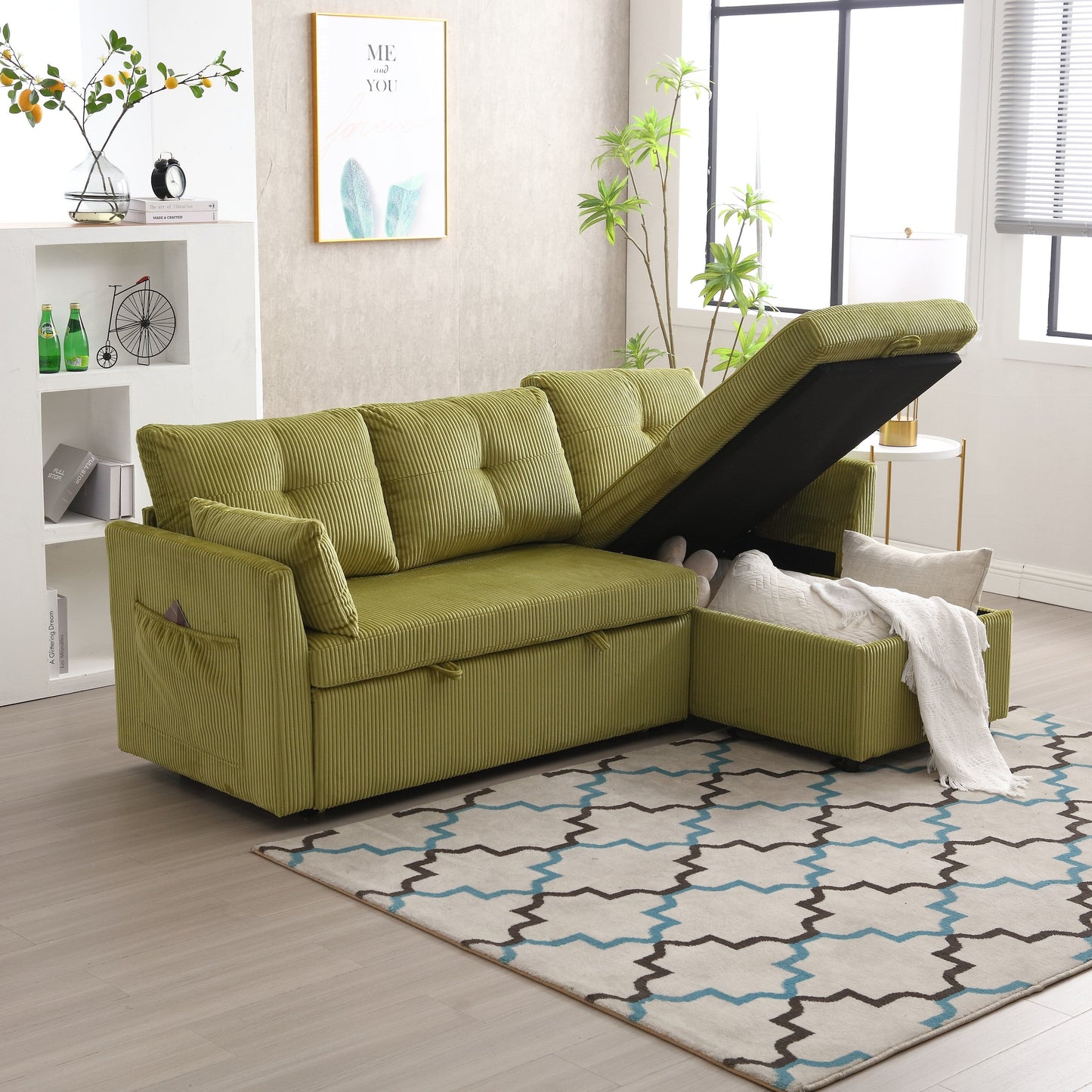 Divano a 3 posti a forma di L in velluto a coste verde da 81,1'', con chaise longue reversibile, sedili contenitore, struttura in legno massello