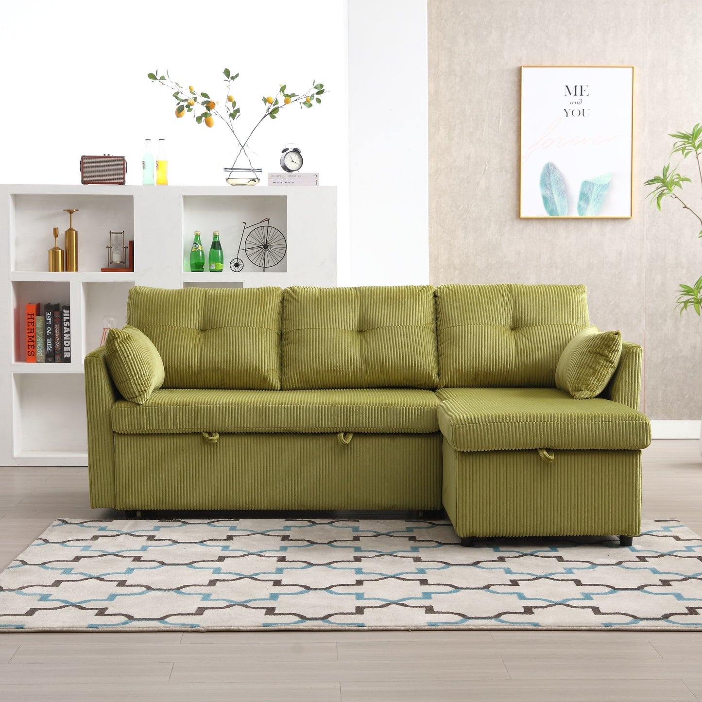 Divano a 3 posti a forma di L in velluto a coste verde da 81,1'', con chaise longue reversibile, sedili contenitore, struttura in legno massello