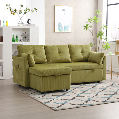 Divano a 3 posti a L in velluto a coste verde da 81,1'' con chaise longue reversibile e sedili contenitore
