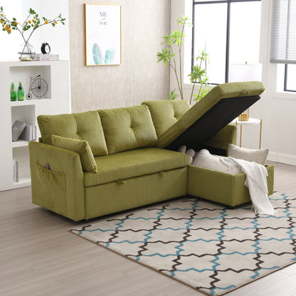 Divano a 3 posti a L in velluto a coste verde da 81,1'' con chaise longue reversibile e sedili contenitore