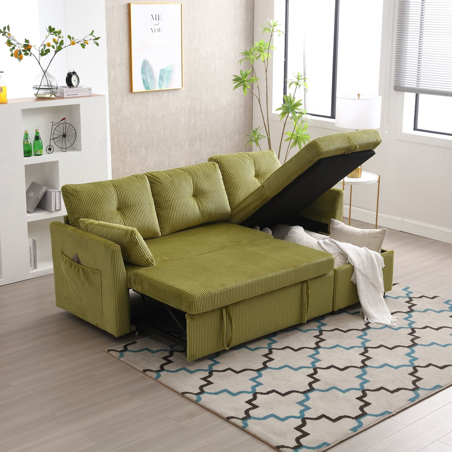 Divano a 3 posti a L in velluto a coste verde da 81,1'' con chaise longue reversibile e sedili contenitore