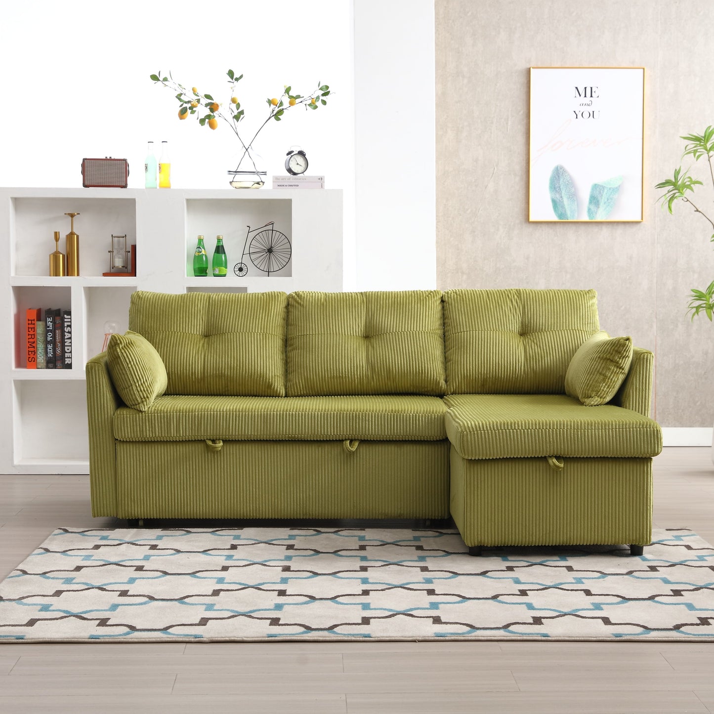 Divano a 3 posti a L in velluto a coste verde da 81,1'' con chaise longue reversibile e sedili contenitore