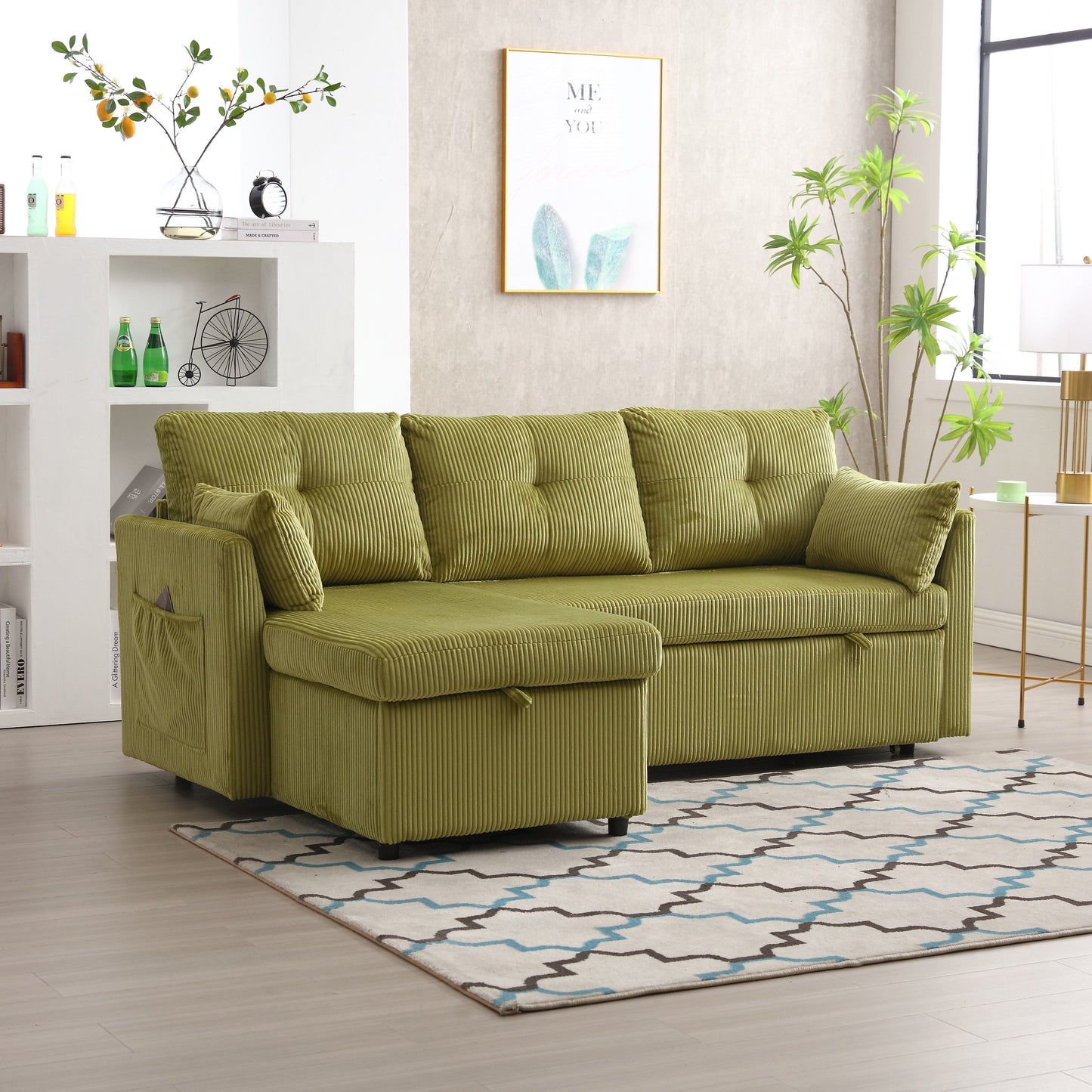 Divano a 3 posti a L in velluto a coste verde da 81,1'' con chaise longue reversibile, contenitore e struttura in legno massello