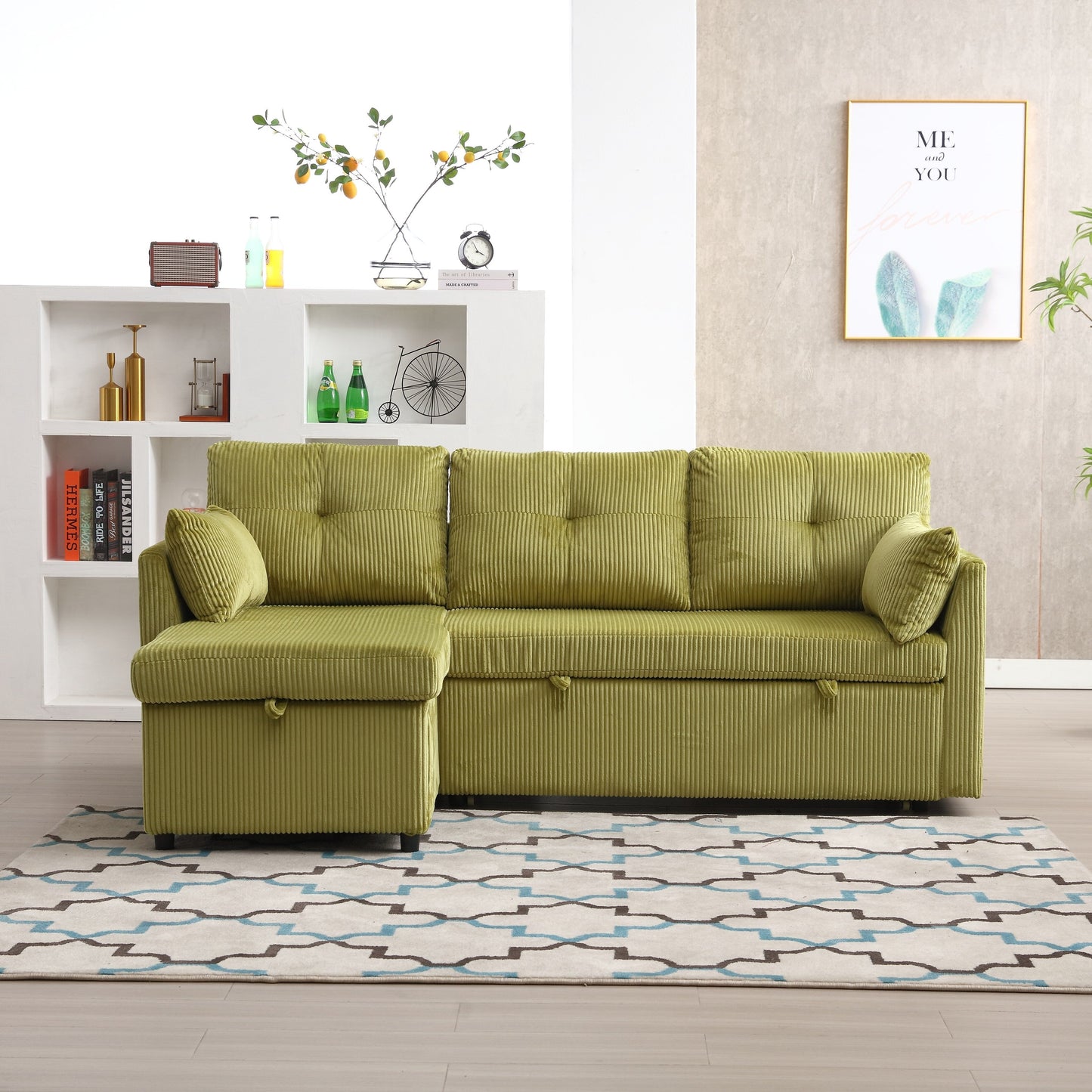 Divano a 3 posti a L in velluto a coste verde da 81,1'' con chaise longue reversibile, contenitore e struttura in legno massello