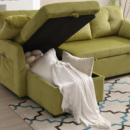 Divano a 3 posti a L in velluto a coste verde da 81,1'' con chaise longue reversibile, contenitore e struttura in legno massello