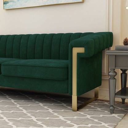 Divano a 3 posti in velluto verde da 83,85'' con braccioli decorativi e dettagli dorati