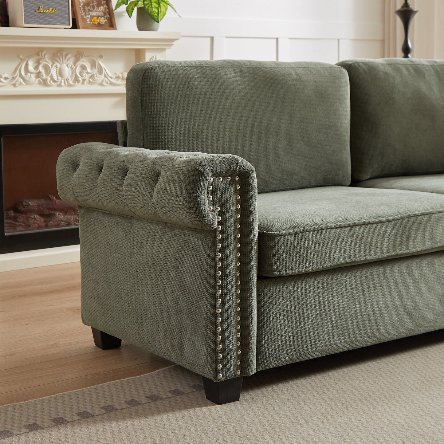 Divano letto trasformabile 2 in 1 in poliestere, 3 posti, con borchie, con materasso pieghevole, per soggiorno, colore verde 83,8