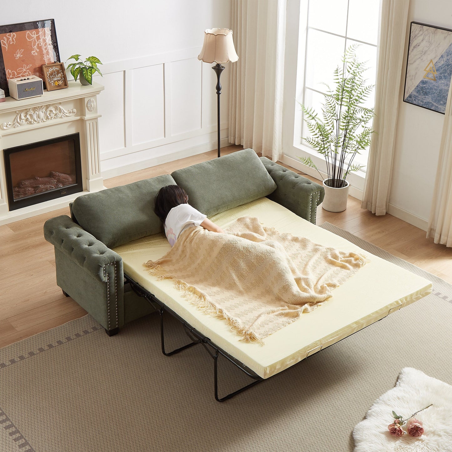 Divano letto trasformabile 2 in 1 in poliestere, 3 posti, con borchie, con materasso pieghevole, per soggiorno, colore verde 83,8