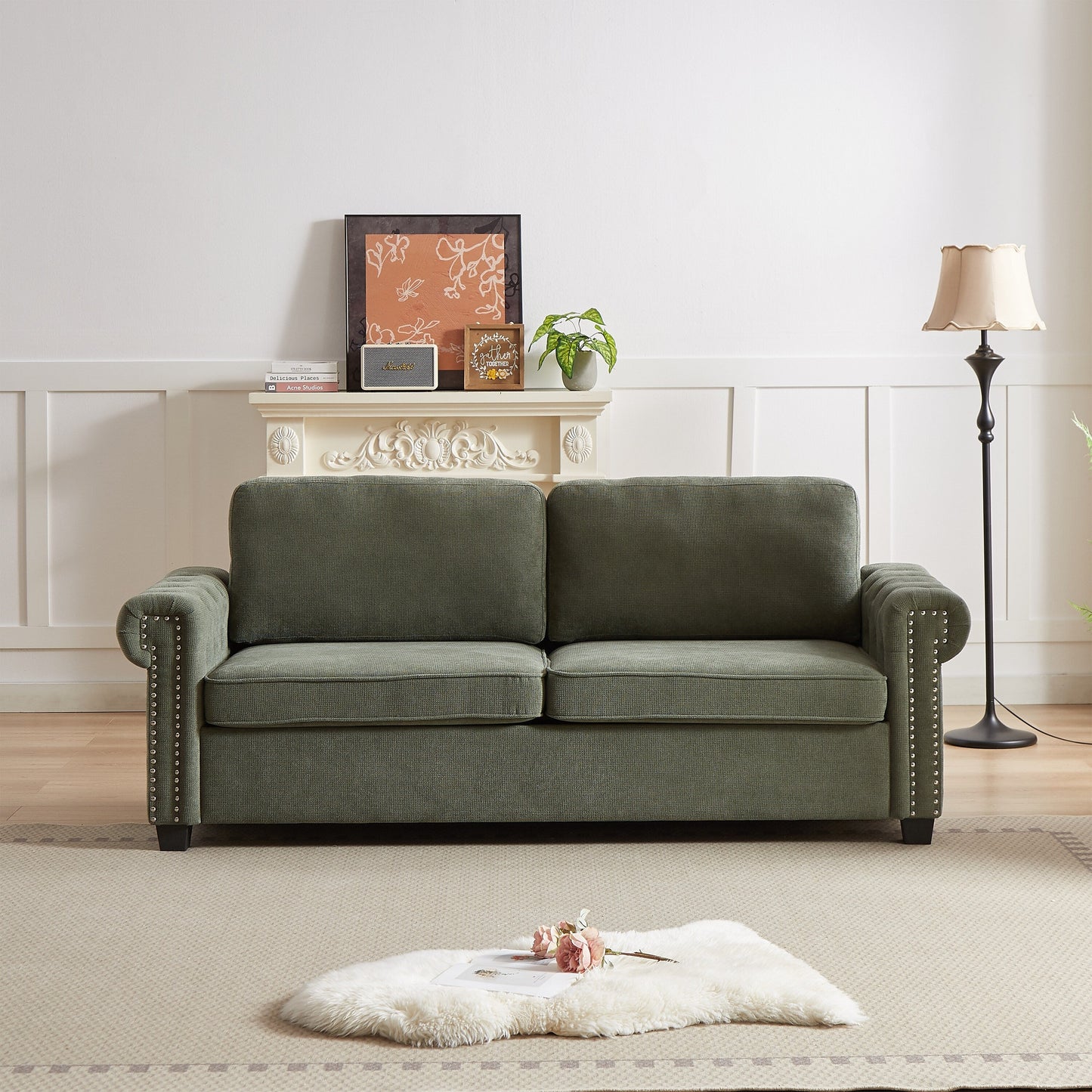 Divano letto trasformabile 2 in 1 in poliestere, 3 posti, con borchie, con materasso pieghevole, per soggiorno, colore verde 83,8