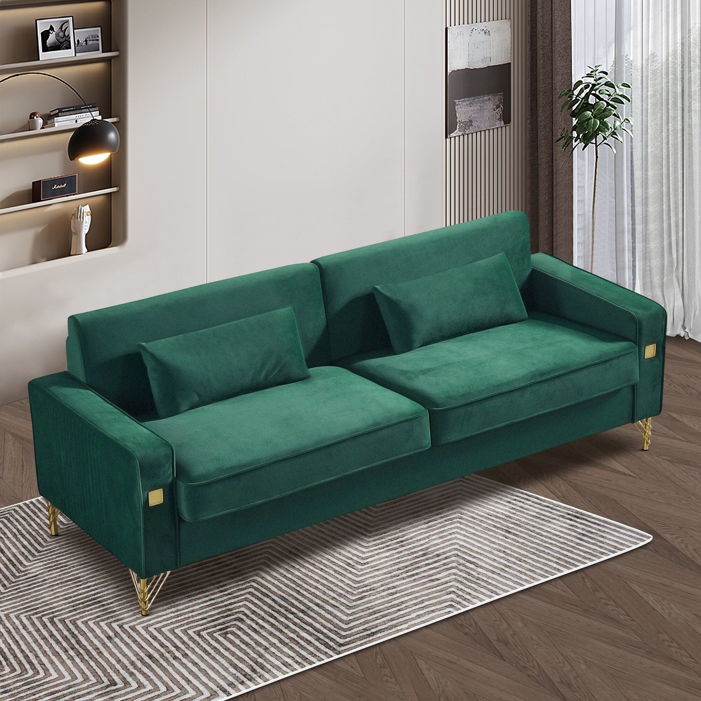 Divano moderno in velluto verde da 85,44'' a 3 posti con 2 cuscini, gambe in metallo dorato, schiuma ad alta densità, eleganza senza tempo