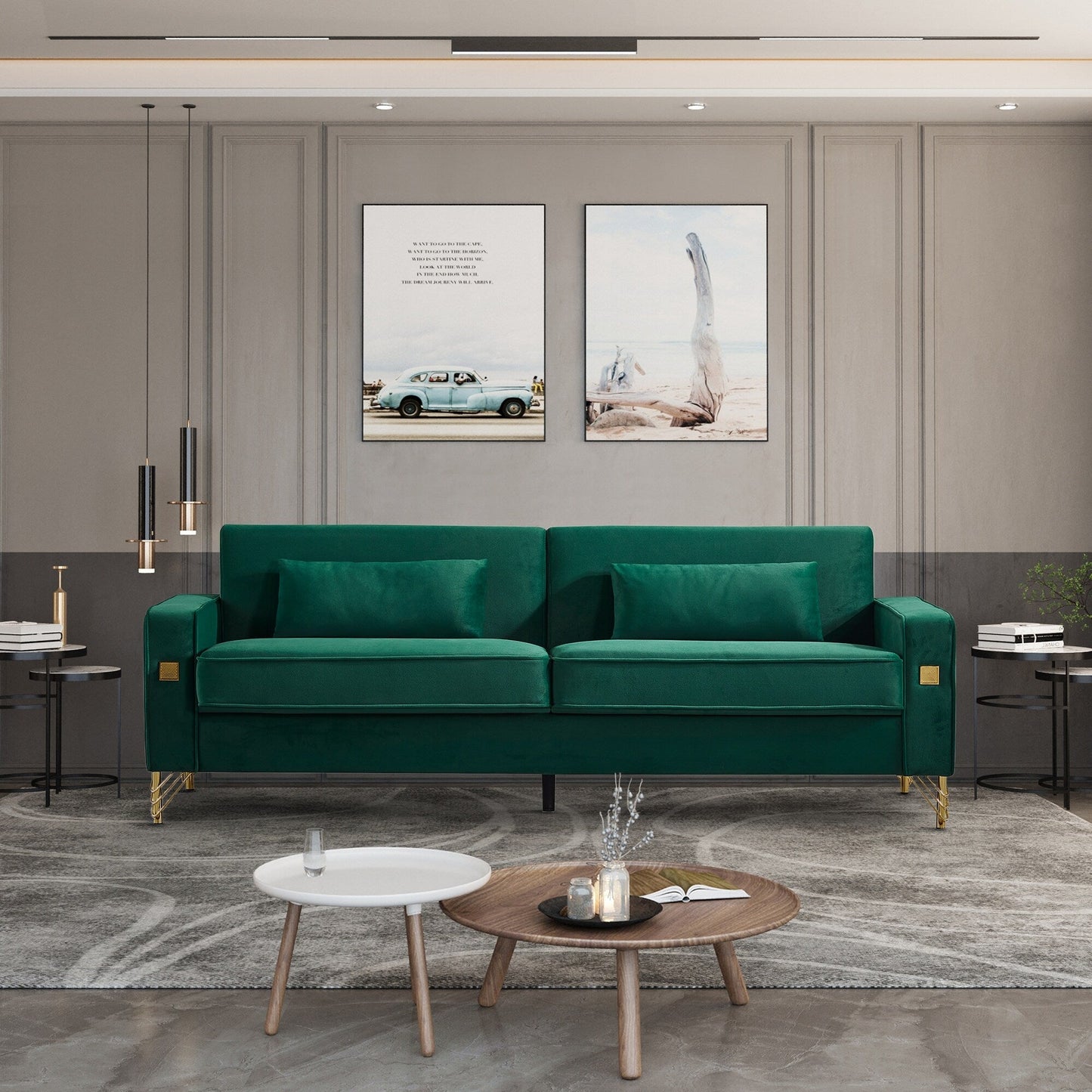 Divano moderno in velluto verde da 85,44'' a 3 posti con 2 cuscini, gambe in metallo dorato, schiuma ad alta densità, eleganza senza tempo