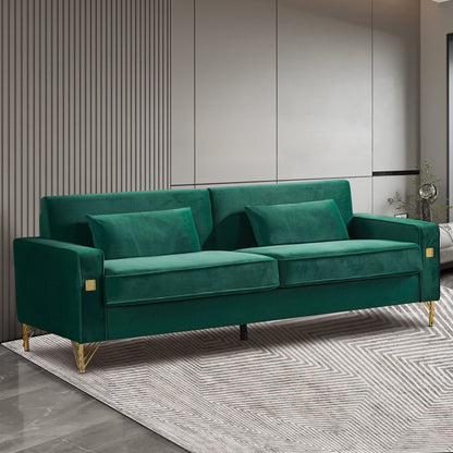 Divano moderno in velluto verde da 85,44'' a 3 posti con 2 cuscini, gambe in metallo dorato, schiuma ad alta densità, eleganza senza tempo