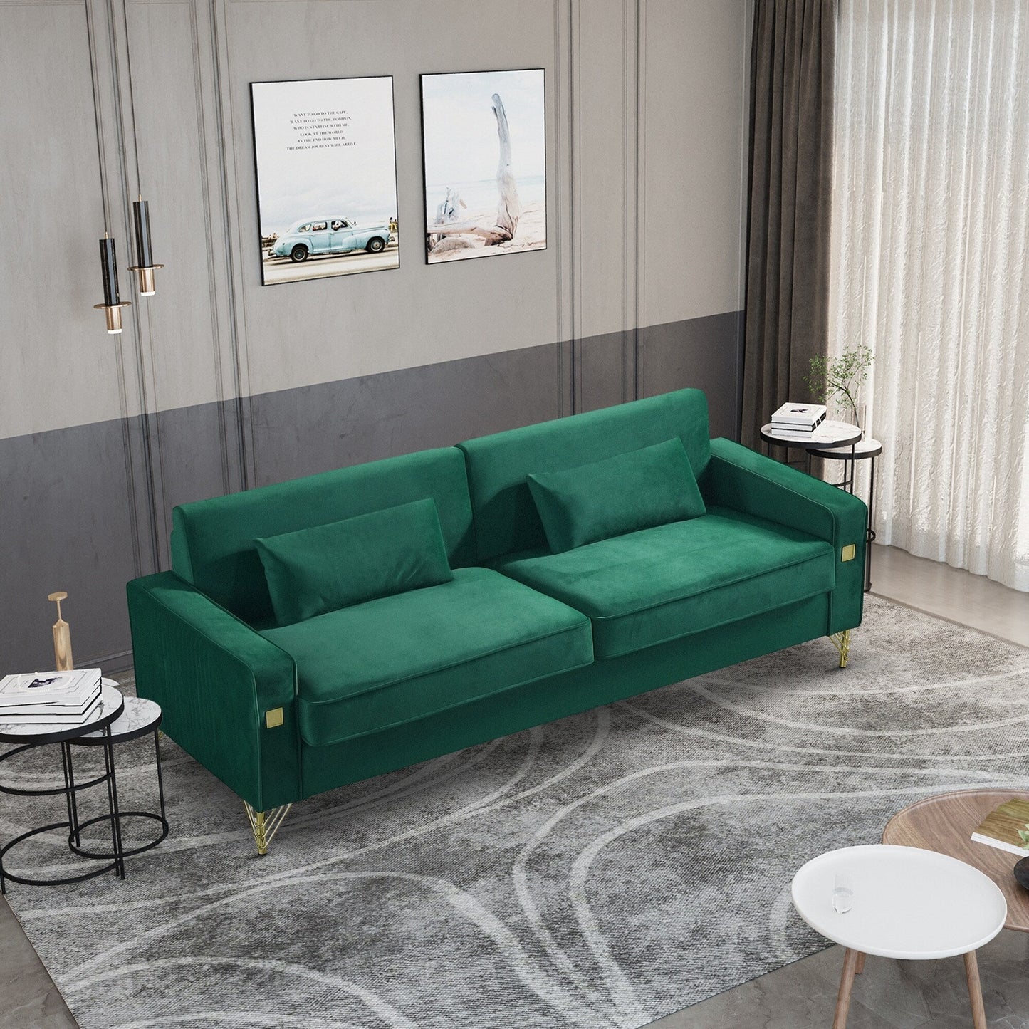 Divano moderno in velluto verde da 85,44'' a 3 posti con 2 cuscini, gambe in metallo dorato, schiuma ad alta densità, eleganza senza tempo
