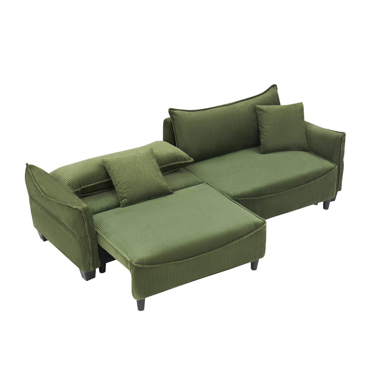 Divano letto a 3 posti in velluto a coste verde 87,79 con due cuscini e spazio contenitore per il soggiorno