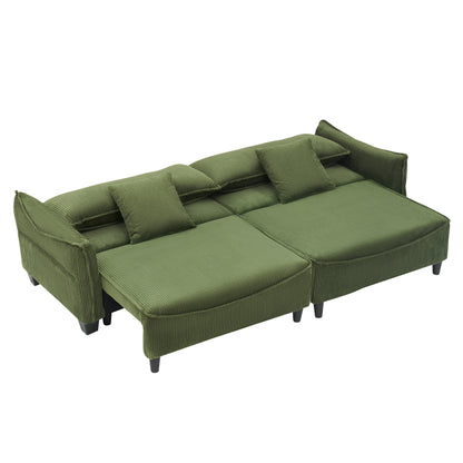 Divano letto a 3 posti in velluto a coste verde 87,79 con due cuscini e spazio contenitore per il soggiorno