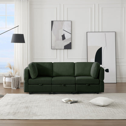 Divano modulare verde da 87,9'' a 3 posti con schienali regolabili, sedute contenitore e design con cuscini trapuntati