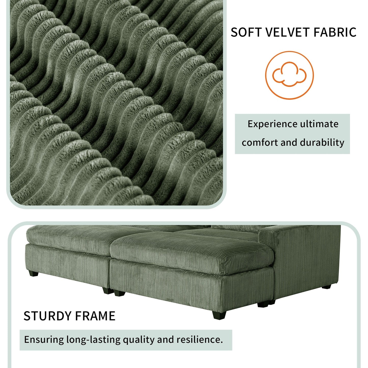 Divano letto in velluto a coste verde da 90'' con pouf staccabili, due cuscini e spazio di archiviazione