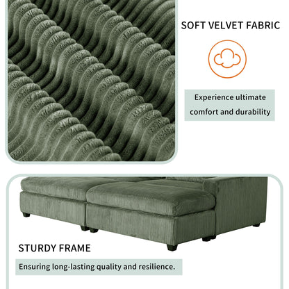 Divano letto in velluto a coste verde da 90'' con pouf staccabili, due cuscini e spazio di archiviazione