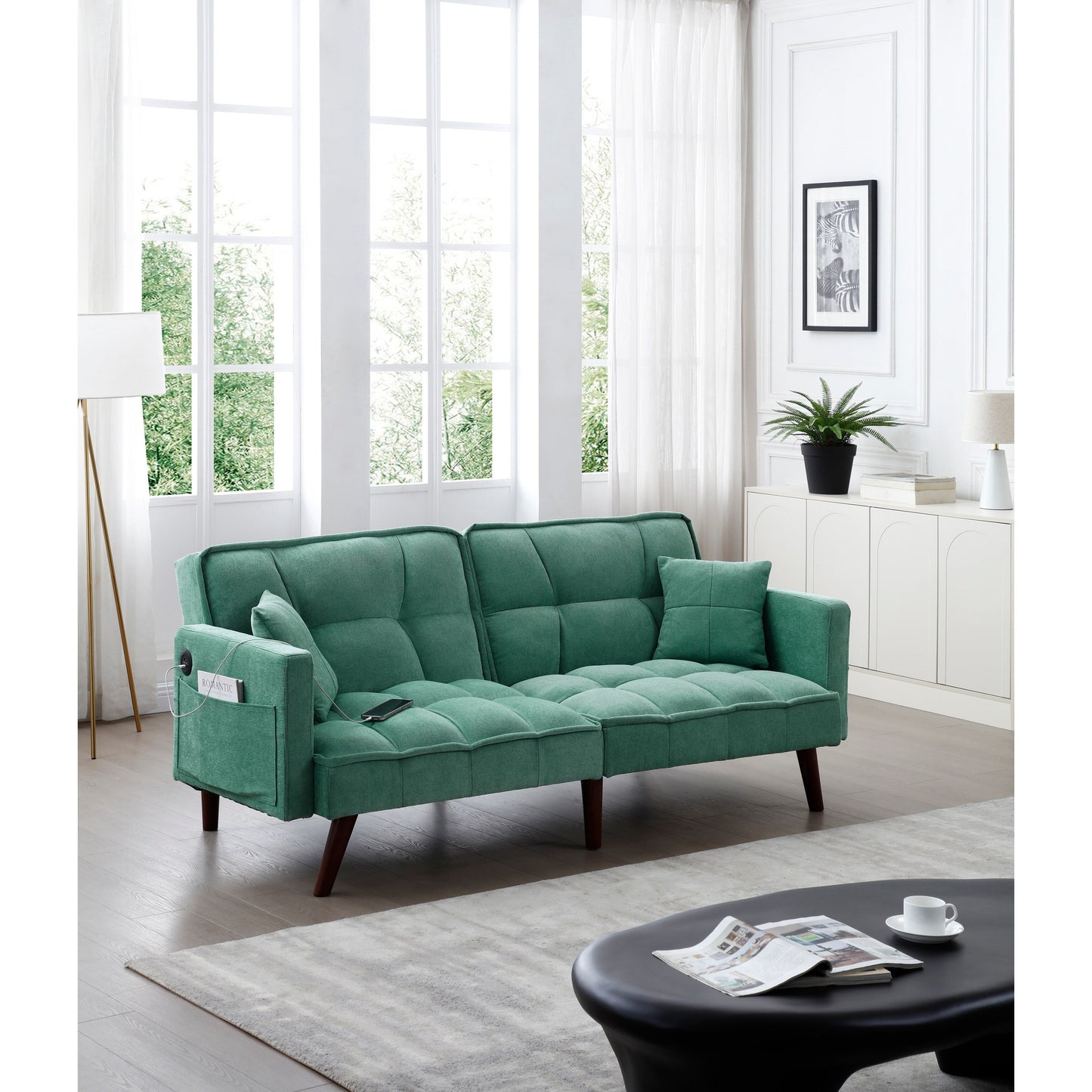 Divano letto a due posti in ciniglia verde con porta di ricarica USB