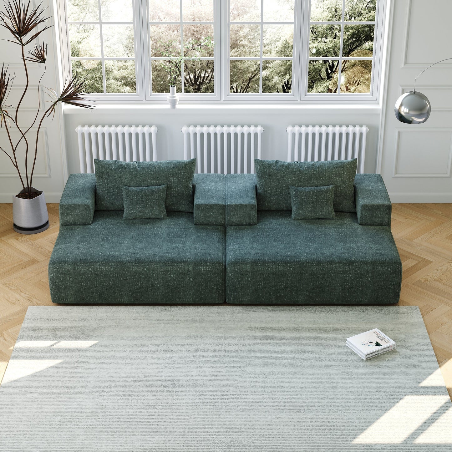 Divano letto singolo in ciniglia verde con cuscino per schienale