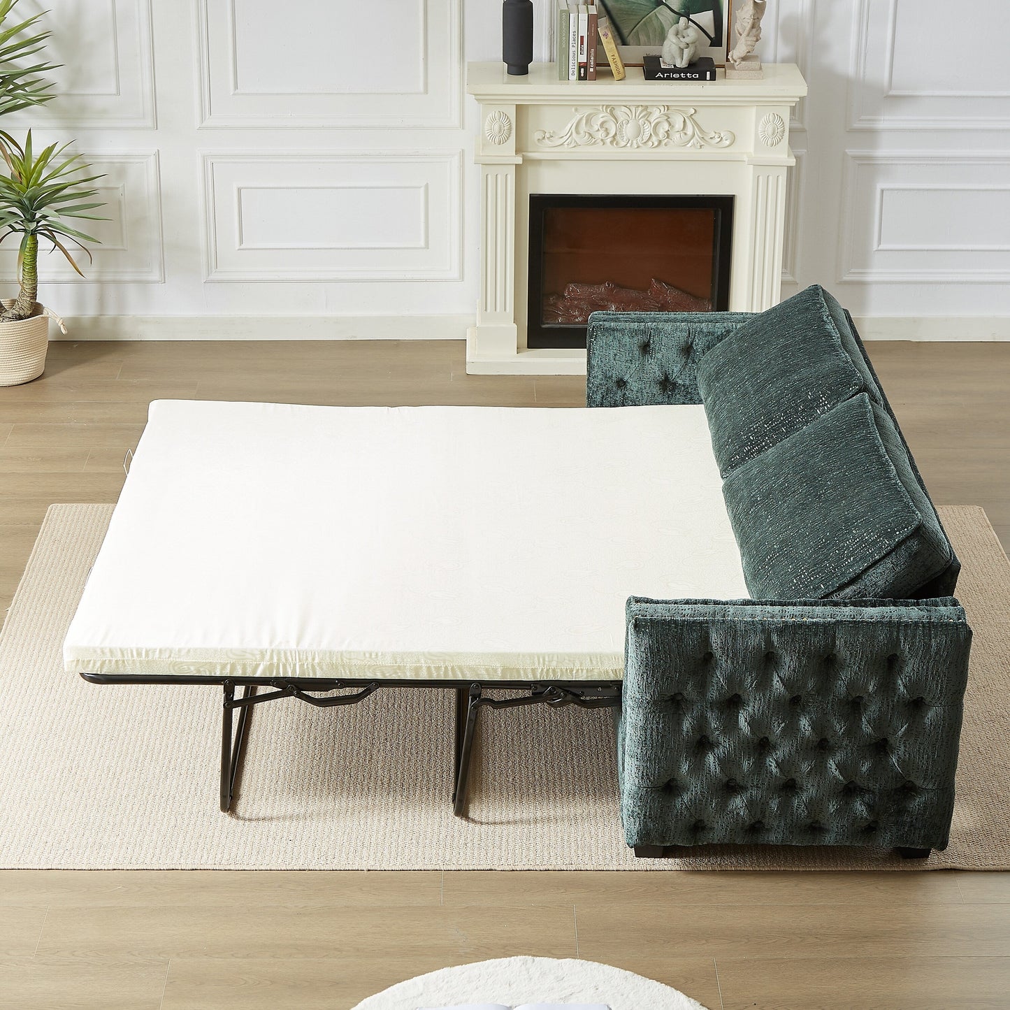 Divano letto in ciniglia verde con materasso in memory foam