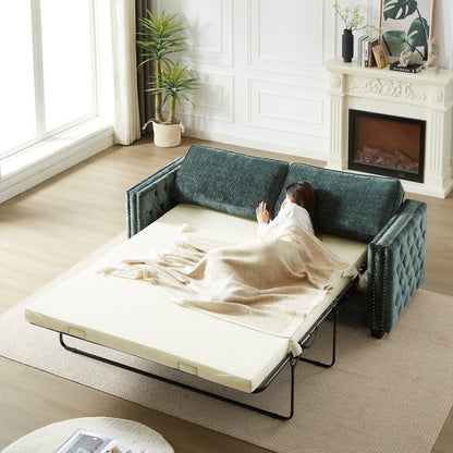 Divano letto in ciniglia verde con materasso in memory foam