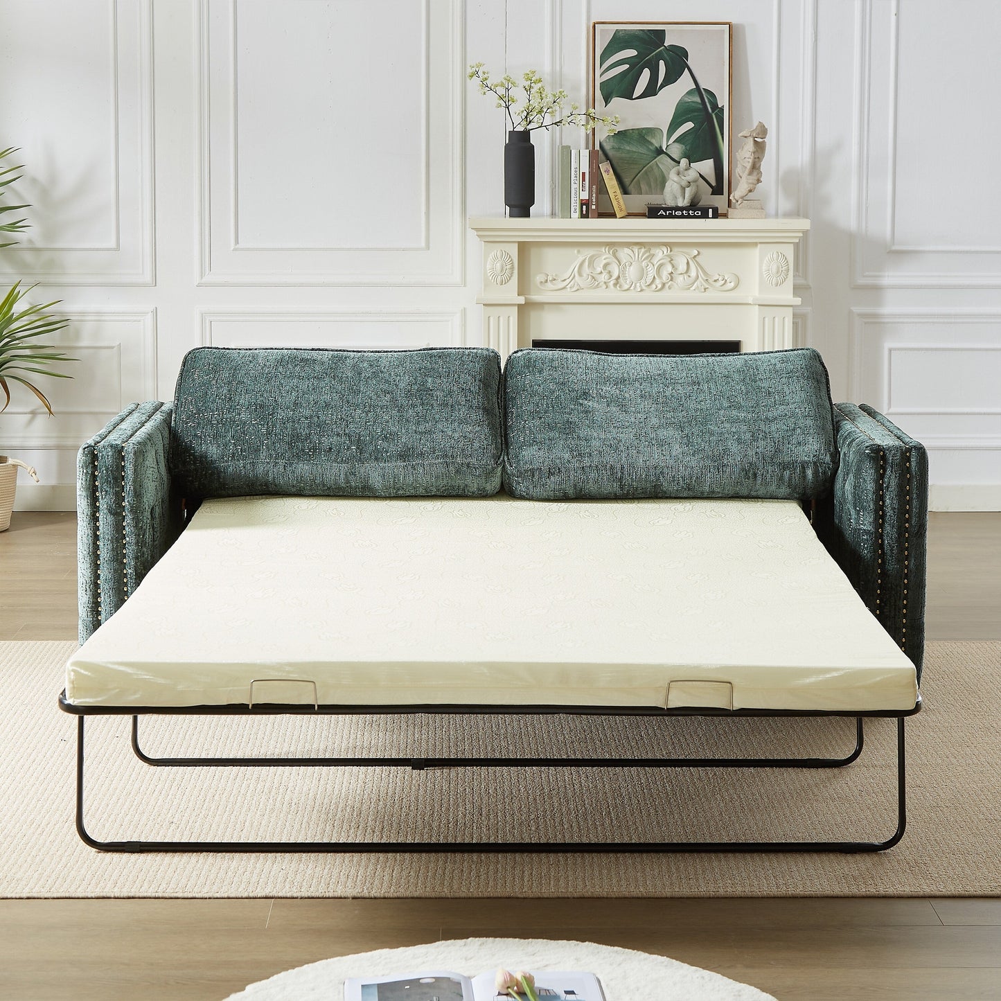 Divano letto in ciniglia verde con materasso in memory foam