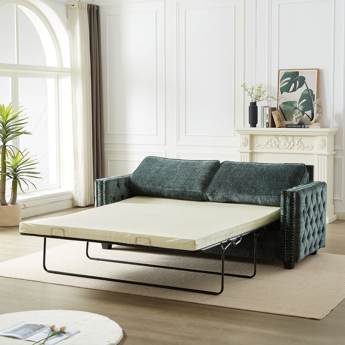 Divano letto in ciniglia verde con materasso in memory foam